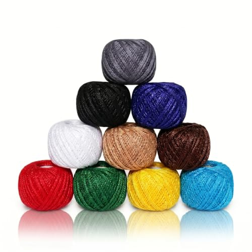 KGS Häkelgarn Set | 10× Baumwollgarn Knäuel | Größe 8 | 100 g Perlgarn aus mercerisierter Baumwolle für Häkeln, Kreuzstich & Handstickerei (Grundfarben)