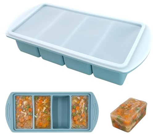 OVBOVA Silikonfrysbricka med lock – 4 kammare med skala (125 ml & 250 ml) för soppa, buljong och såser, frysformar för meal prep och familjekök