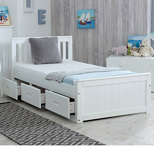 happybeds Mission Solid White Pine Wooden Storage Bed, 3ft Single | 3ft Single, Wooden Storage Bed, Slatted Headboard, Solid White Pine, 3 Drawers, 90 x 190 cm