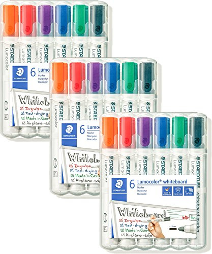 STAEDTLER 3 Etuis Lumocolor 351 WP6 Whiteboard-Marker, Rundspitze ca. 2 mm Linienbreite, Set mit 6 Farben, hohe Qualität, trocken und rückstandsfrei abwischbar von Whiteboards