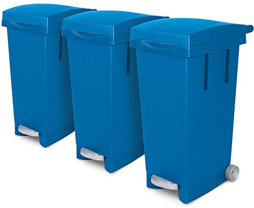 BRB Set, 3x 80 Liter Abfallbehälter mit Rollen, blau, Fußpedal, selbstschließender Deckel, Klemmring für Müllsäcke