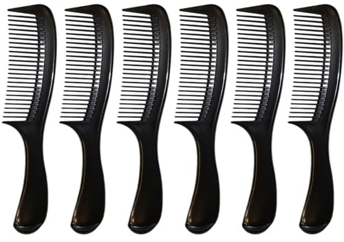 Large Wide Tooth 8 1/2-Inch Long Comb for Detangling Dry or Wet Hair with Round Handle for Men, Women and Kids, Curly Wavy Straight Long Hair, Black – Pack of 6