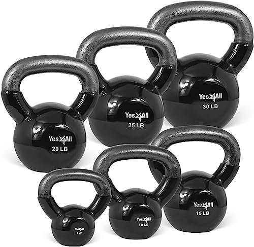 Yes4All Kettlebells 5 10 15 20 25 13,6 kg Set Gewicht Vinyl beschichtetes Gusseisen für Hantelgewichte Übungen, Fitnessstudio, Fitness, Ganzkörper-Trainingsgeräte Push up, Griff und Kraft, Schwarz