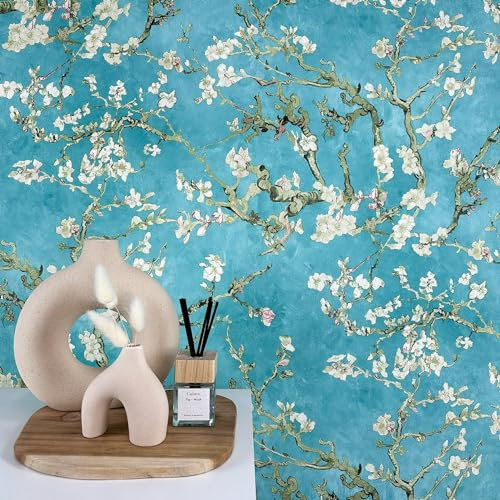 WALLCOVER Papier Peint Intissé Fleurs Turquoise Van Gogh Floral Bleu Amandier Fleur Vintage pour Chambre Cuisine Salon