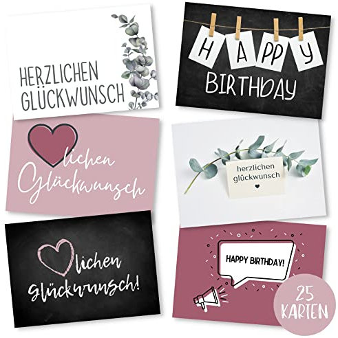 Erik Anderson 25er Set Geburtstagskarten hochwertig - Glückwunschkarte, Postkarte zum Geburtstag - Happy Birthday Karten als Postkarten Set - ideal als Grußkarte und Gutschein für Männer und Frauen