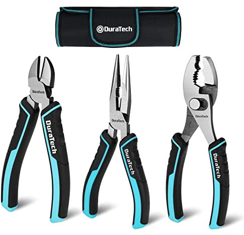 DURATECH Zangen Set 3-teilig, Professional Zangensatz Mit Hoher Hebelwirkung, Spitzzange, Seitenschneider, Gleitgelenkzange 150mm, Profi Zangenset Mit Aufbewahrungstasche