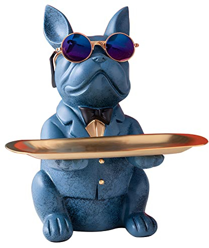 NUACOS Resina Bulldog Bandeja Estatua Animal Escultura de Almacenamiento Perro francés Mesa Hogar Dulces para el hogar Oficina Decoraciones Lindas estatuas de mayordomo (Azul)