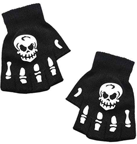 1 Paar warme gestrickte Fäustlinge Totenkopf fingerlose Handschuhe Radfahren rutschfeste Handschuhe Halloween Cosplay Dekor leuchten im Dunkeln, 1 großer Totenkopf, Einheitsgröße