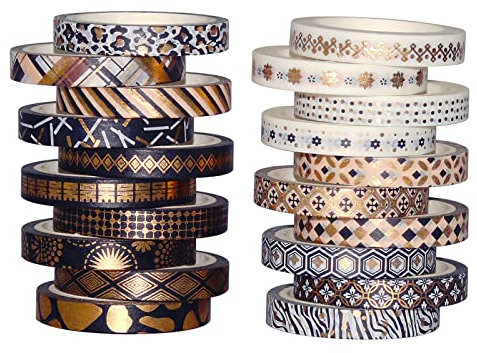 LGEGE 20 Rollen Slim Washi Tape Set 7mm Breit Schwarz & Gold Dekorative Muster Foliendruck Masking Tape Dekor für Scrapbook, Bullet Journal, Geschenkverpackung (5m)