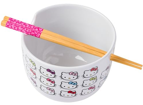 Silver Buffalo Sanrio Hello Kitty - Cuenco de cerámica para arroz ramen con palillos, 20 onzas