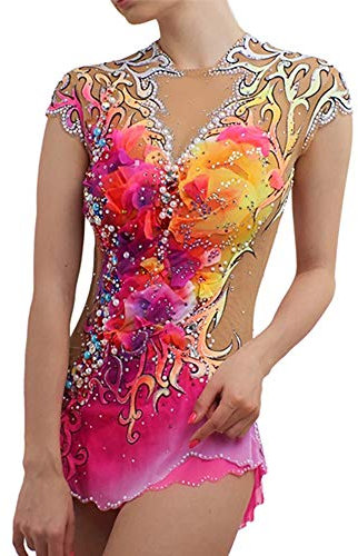 JRUIA Eiskunstlauf Kleid Aus Spandex Für Kinder Ärmellose Wettkampf Trikots Für Mädchen Für Rhythmische Gymnastik Bedruckter Glänzender Strass Bühnenkostüme,A,S