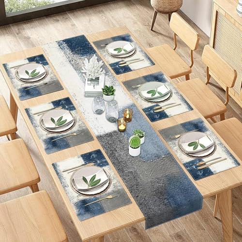 ArtSocket Farmhouse Tischläufer und Platzsets, 6er-Set, abstrakte Blaue und graue Malerei, Kunst, Esstischdekoration für den täglichen Gebrauch (1 Tischläufer 183 cm lang und 6 Platzdeckchen)