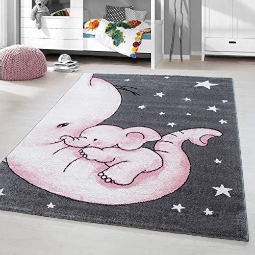 HomebyHome Kinderteppich Rosa 200x290 cm Elefantenmuster Großer Mädchen Teppich Kinderzimmer Kurzflor Teppich Extra Weich Antiallergen Babyzimmer Teppich