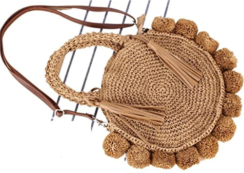 Habrur Strohtasche Strohsack Stroh Strandtasche Runde Strandtasche Handgemachte Gewebte Umhängetasche Rattan Sommerurlaub Lässige Umhängetasche Korbtasche Geflochten (Blue : Bronze)