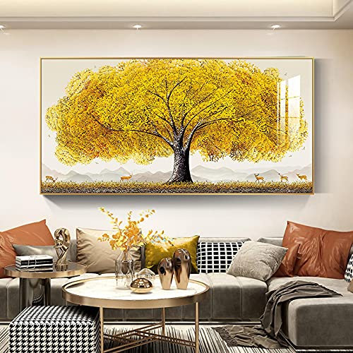 GEMMII Gelbgoldener Geldbaum Gerahmte Wandkunst Bilder Leinwand, für Wohnzimmerdekoration, reicher Baum, Leinwand, Wandbilder, Landschaftsposter, Drucke, 60 x 120 cm, Rahmen