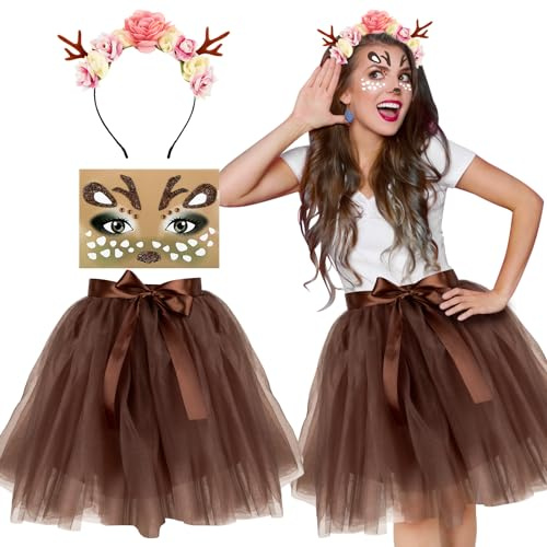BOFUNX Damen Geweih Kostüm, Tüllrock Kaffee Tutu Rock + Geweih Haarreif + Rentier Gesicht Tattoos für Fasching Karneval Mottoparty Reh Kostüm Accessoires