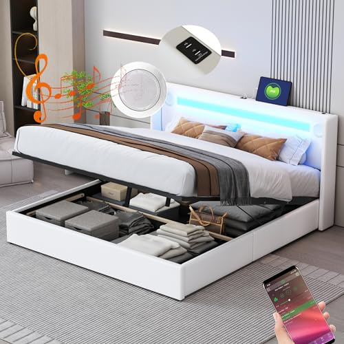 Merax Polsterbett 160x200cm mit LED-Lichtleisten, Stauraum Doppelbett mit Bluetooth-Player und USB-Aufladung, für Jugend & Erwachsene, PU-Leder Weiß (Ohne Matratze)