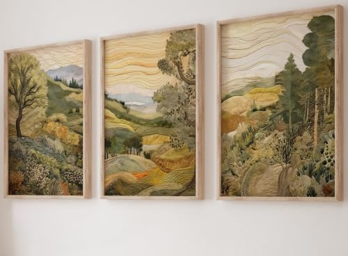 Eviepops Prints The Hills of Tuscany Wall Art Set of 3 Unframed Poster Prints, Digitally Printed Quilted Tapestry Style, Living Room Bedroom Poster Home Decor, Tuscan Countryside Italy (A4)