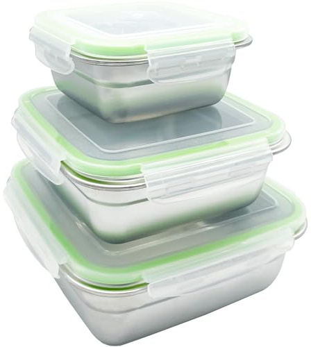 HTIAM Stainless Steel Food Containers, 3-Piece Set with Lids, Reusable for Breakfast, Lunch, Dinner, Snacks Bento Box Square Lunch Box 400/750/1200ml