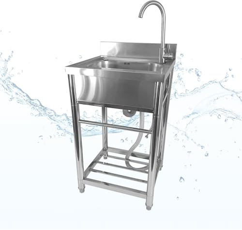 Lemodo Spültisch freistehend – Edelstahl Spültisch mit tiefem Becken & Ablage, Kalt- und Warmwasseranschluss 1/2 Zoll, höhenverstellbare Füße, für Garten, Outdoorküche, Gastro, Camping & Werkstatt