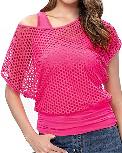 WILDPARTY Déguisement Année 80 90 Femme Fluo, Débardeur Néon Haut Resille Tenue, Vetement Annee 80 Costume, Haut en Maille Filet Carnaval Vêtements D'aérobic Fête Thème