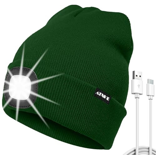 ATNKE LED Mütze mit Licht, USB Typ C Wiederaufladbare 4 LED Beleuchtete Laufmütze Extrem Heller Lampe Winter Warme Stricken Mütze für Herren und Damen Geschenke