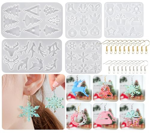 Bekecidi 25 PCS Christmas Resin Moulds Jewellery Making Kit, Snowflakes Christmas Trees Elk Shape Silicone Moulds Epoxy Resin Moulds Pendant Mold for Earring Keyring DIY Crafts Ornaments Resin Casting