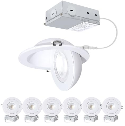 POPANU 6-Inch Gimbal Recessed Light - 12W 90° Tilt & 360° Rotation, 5CCT (2700K-5000K), IC Rated LED Eyeball Recessed Lighting, for Sloped Ceilings, Soffit Light, Hallyway，Kitchens, White 6 Pack