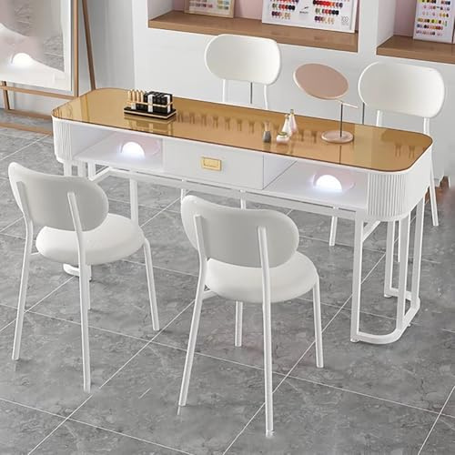 TT-YEC Mesa De Manicura Portátil Con Estante De Almacenamiento, Mesa De Manicura De Vidrio Templado, Banco De Trabajo De Manicura Y Belleza De Doble Capa, Mesa De Manicurista, Blanco,Bl120cm