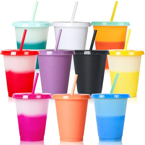 BAIFULAI 10 Stück Trinkbecher mit Deckel und Strohhalm, 16oz Plastikbecher mit Deckel, Farbwechsel Becher, Farbewechselnde Partybecher, für Erwachsene Wiederverwendbar Kunststoffbecher
