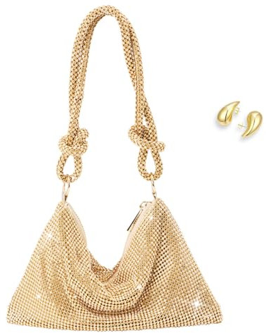 WQU Clutch Bag for women, Elegant Diamond Clutch for Wedding Bridal Prom Cocktail Party Ladies Evening Bag,Complimentary Matching Teardrop-shaped Earrings (Gold)