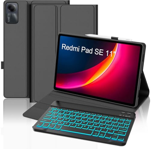 Occtingkind Funda con Teclado para Xiaomi Redmi Pad SE 11 2023 | Teclado Bluetooth Retroiluminado Desmontable con Funda Delgada y Ranura para Bolígrafo para Tablet Xiaomi Redmi Pad SE, Negro