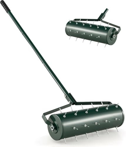 Rasenbelüfter mit Rollen, manuelles 21-Zoll-Belüftungswerkzeug, befüllbar mit Sand/Steinen, robuster Schub-Grasbelüfter mit Griff, Bodendurchdringungsspikes, Rasenpflegewerkzeug für den Garten,