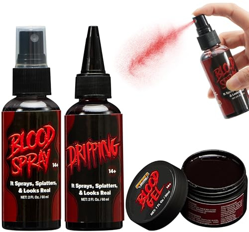 Spooktacular Creations Lot de 3 flacons de faux sang pour Halloween - Spray de 60 ml - 60 ml de sang coulant - 30 ml de sang de gel réaliste et lavable - Pour costumes d'Halloween, cosplay, décoration