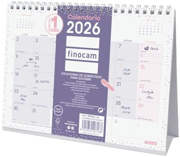 Finocam - Calendario de sobremesa para escribir 2026 Mes Vista Enero - Diciembre (12 meses) | Calendario 2026 para anotar | Planificador mensual Chic - Morado - Español