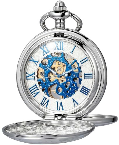 Kchss Mechanical Roman Numerals Dial Skeleton Pocket Watches with Box and Chains for Mens Women Black Silver