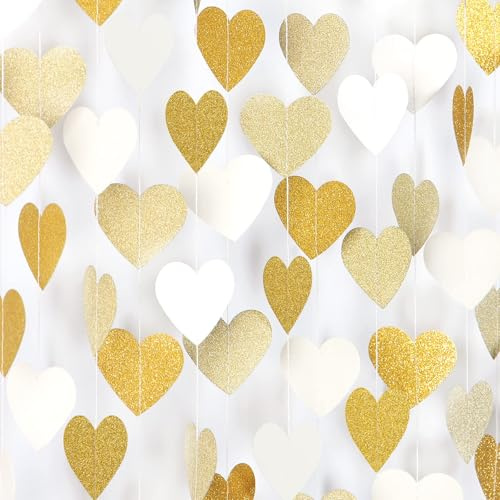 CharmeFleur Weißgoldene Sekt Partydecoration Herzförmige Girlanden - 52 Fuß Weihnachten Hochzeit Verlobungsfeier Hängendes Papierbanner Junggesellinnenabschied Neutrale Baby Hochzeitsfeier