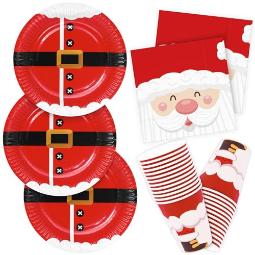 HNH Lot de 52 Assiettes en papier de Noël Père Noël avec Serviettes et Gobelets en papier jetable Vaisselle de fête