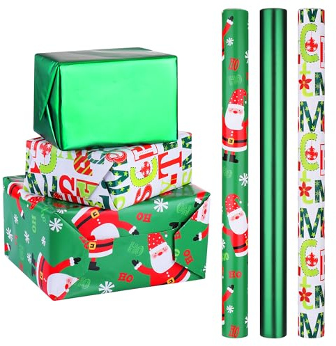JIANTA Weihnachtsgeschenkpapier – 3 Rollen Weihnachts Geschenkpapier, 43 cm x 3 M Grüne mit Weihnachtsmann und Merry Christmas, Gift Wrapping Paper für Weihnachten, Geburtstag, Nikolaustag