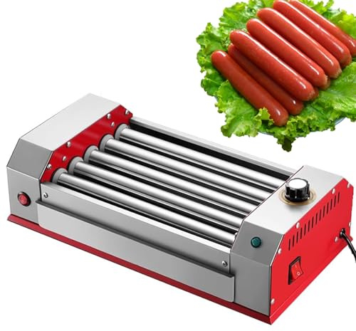 Machine à Hot-Dogs en Acier Inoxydable, Grille-Saucisse à Hot-Dog de comptoir, 5 Rouleaux Chauffants antiadhésifs à 360°, contrôle de température de 0 à 250 °C, pour Cuisine, Petit-déjeuner, Snack-b