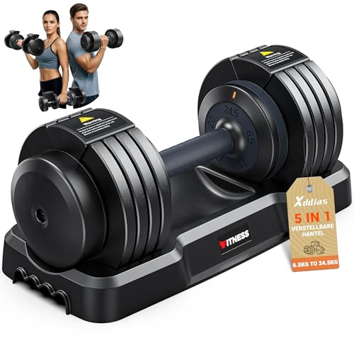 XDDIAS Verstellbare Hanteln Set 2 bis 11 kg/6,5 bis 24,5 kg – 5-in-1 Kurzhanteln mit 1 Sekunde Schnellverstellung, Platzsparende Dumbbell Set mit Rutschfestem Griff für Home Gym Gewichte Hantel