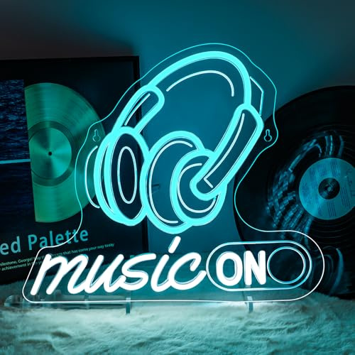 Horseneon musik neonskylt, musik på neonskylt, musik LED-skylt dimbar för väggdekor, hörlurar brev LED-bokstäver tecken för studio konsert bar sovrum nattklubb, sovrum