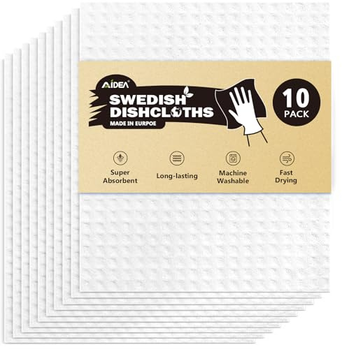 AIDEA Swedish Dishcloths for Kitchen, 10PK, White, Absorbent Sponge Dish Cloth, Dishcloths for Washing Dishes, Reusable Paper Towels Dish Cloths, Swedish Towels for Home, Kitchen, Glass, 7 x 6