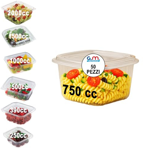 GM 50 Vaschette PET 750 cc Chiusura Salvaliquidi con Coperchio Attaccato – Vaschette Trasparenti Alimentari per Frigo e Freezer – Riutilizzabili – 10x11x8 cm, Gastronomia, Meal Prep, Asporto