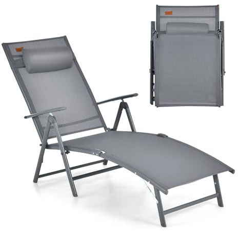 COSTWAY Sonnenliege klappbar, Gartenliege mit Kopfstütze, Armlehnen und 7 verstellbaren Rückenlehnen, Klappliege bis 150 kg belastbar, tragbarer Liegestuhl für Garten, Terrasse, Balkon, Grau