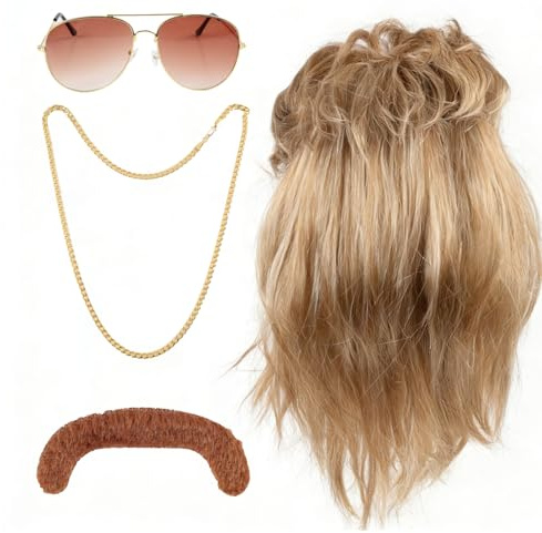 4 PCS Set Perruque Homme – Accessoires D’Outfit Années 80-90 (Perruque Blonde + Collier D’Or + Lunettes De Soleil + Faux Moustache), Idéal Pour Halloween, Carnaval & Fêtes À Thème Retro