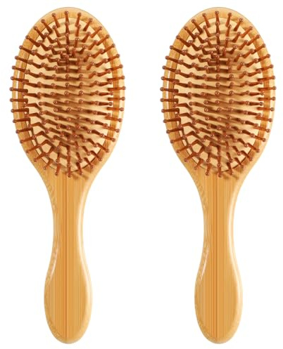 2 Pcs Bamboo Hair Brush with Bamboo Bristles, Natural Wooden Scalp Massage Brush Detangling Paddle Hairbrush for Women Men, Wooden Brushes for Dry, Curly, Thick, Thin and Straight Hairs & Hair Growth