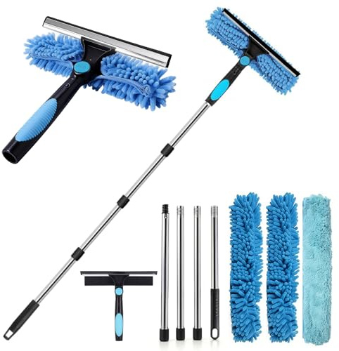 Fensterreiniger Set mit Teleskopstiel 180cm,2-in-1 Fensterabzieher, Professioneller Fensterwischer mit Fensterwischer & Einwascher, Fensterreinigungsset für hohe Fenster,Glas,Bad,Dusche,Spiegel,Auto