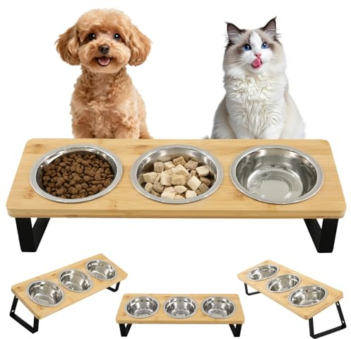 Katzennapf Erhöht 3er Set, Katzennäpfe Erhöht, Erhöhter Futternapf Katze mit 15°Gekippte Holz Ständer, Ergonomischer Futterstation Katze mit Edelstahl Näpfe, für Katzen und Kleine Hunde