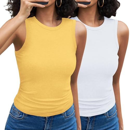 Aottori Pack 2 Camisetas Tirantes Mujer Verano Cuello Redondo Camiseta Canalé Ajustada Sin Mangas Top Básico Casual Color Liso Blanco+Amarillo L